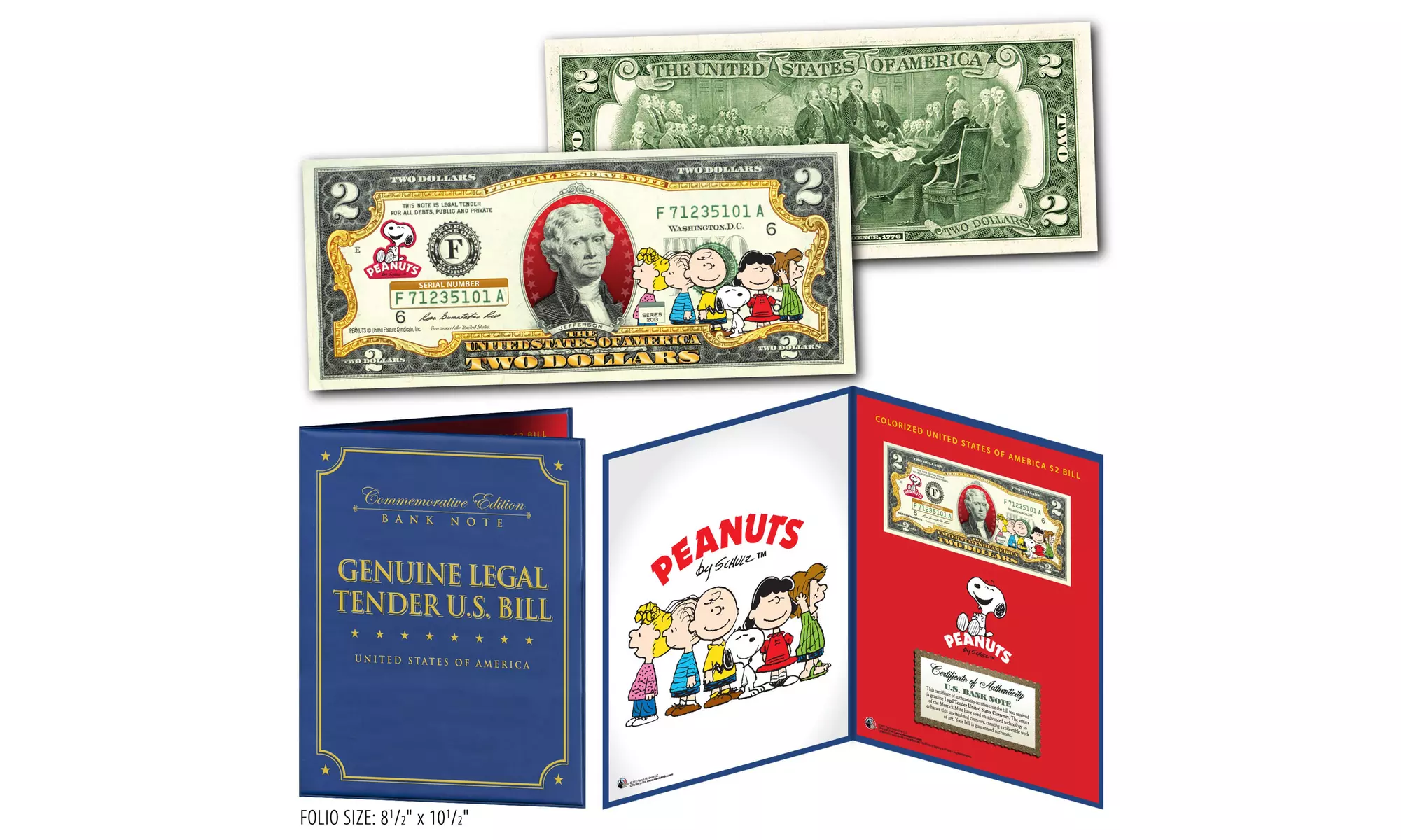 PEANUTS - Charlie Brown & Gang U.S. Two-Dollar Bill in Large Collectors Display  - Primary Image