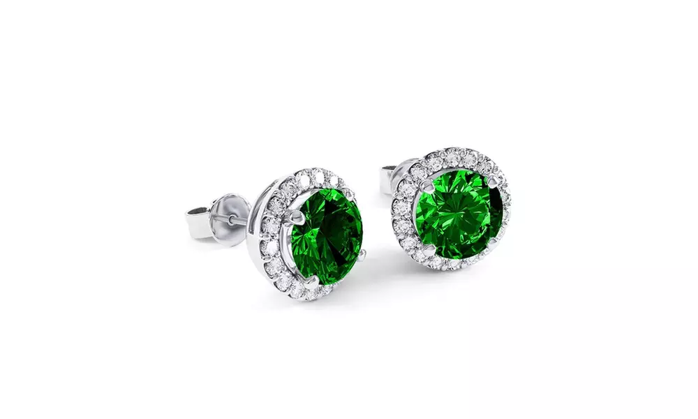 3.00 CTTW Emerald Halo Sterling Silver Studs - Primary Image