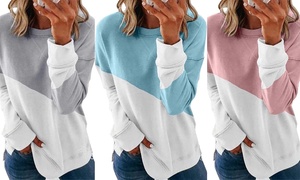 Women's Long-Sleeved Panel Round Neck Sweatshirts Contrasting Color Tops