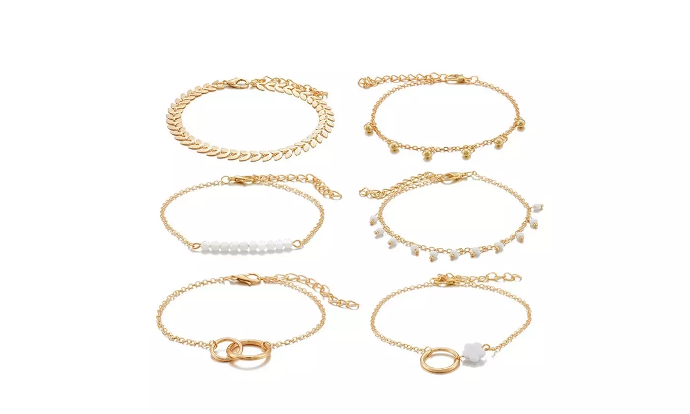 6pcs Simple Gold Bracelets for Women Adjustable Flower Leaves Charm Hand jewelry - Second Medium