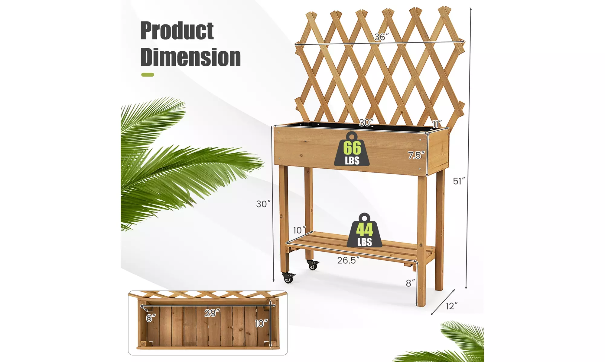 Costway Wood Raised Garden Bed w/ Trellis Storage Shelf Wheels Drainage Holes