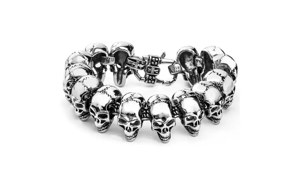 Men's Stainless Steel Grinning Skull Link Bracelet - Primary Image