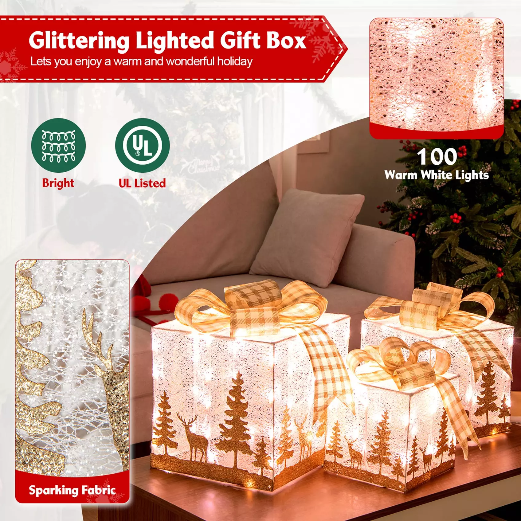 Costway 3 Sets Iridescent Christmas Gift Box LED Lighted Present Box Decor Yard