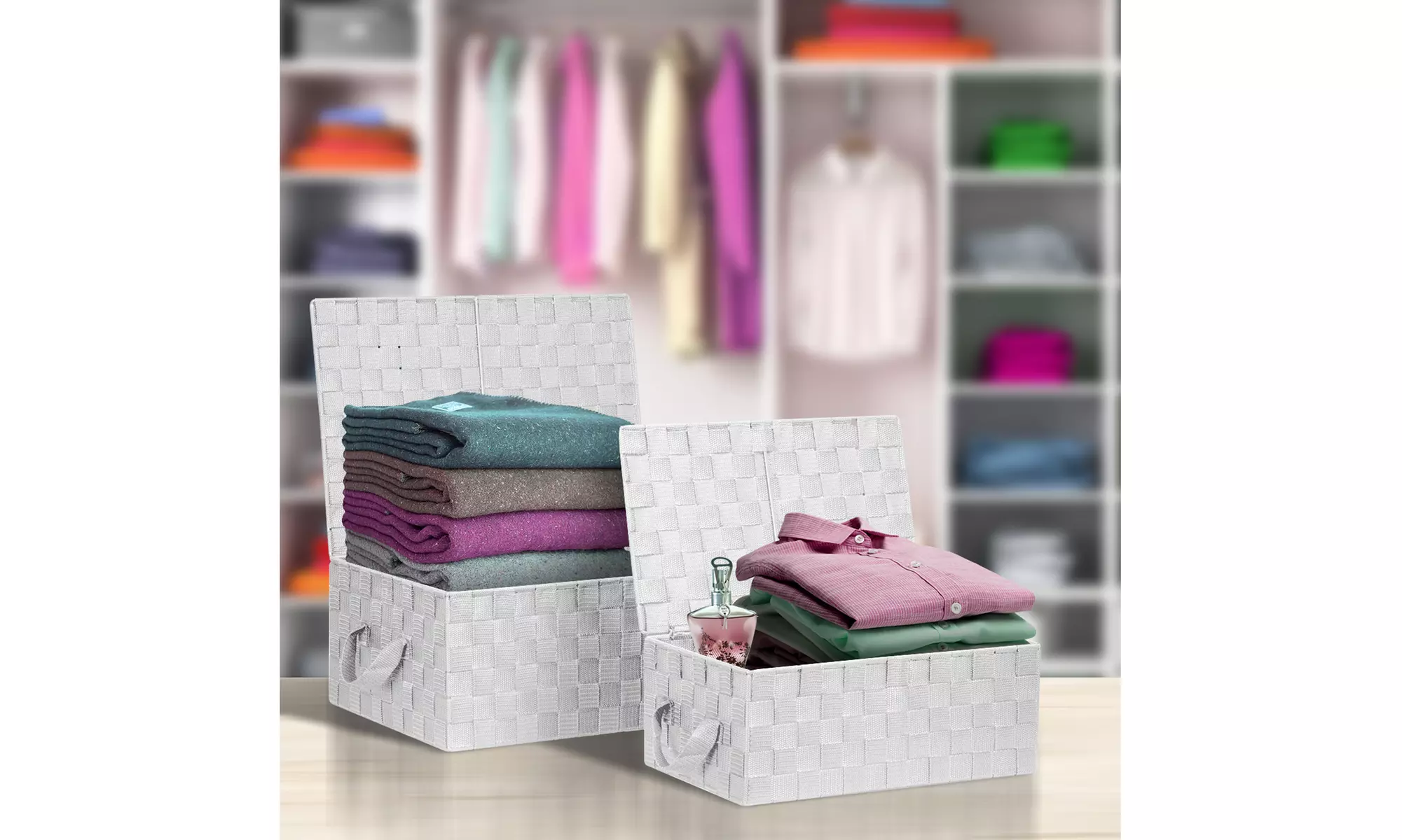 3-Pack Storage Box w/ Lid for Closet & Shelves - Woven Fabric Basket Organizer