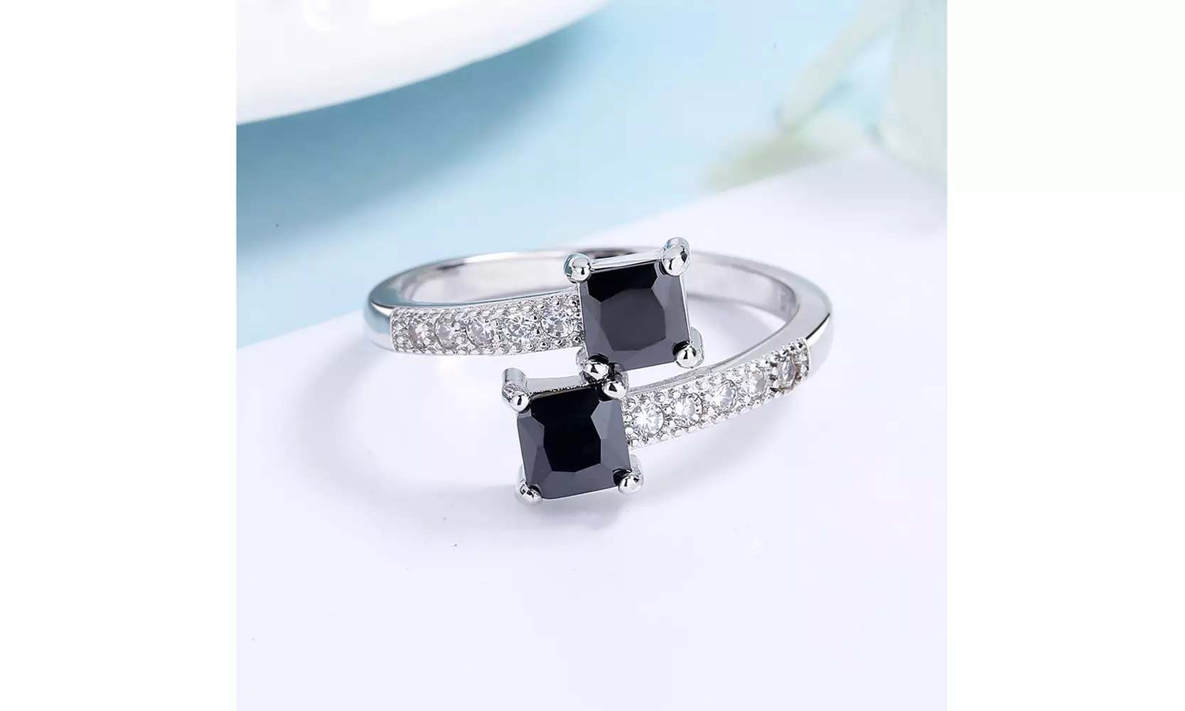 Sterling Silver Bypass Ring with Genuine Crystals - Primary Image