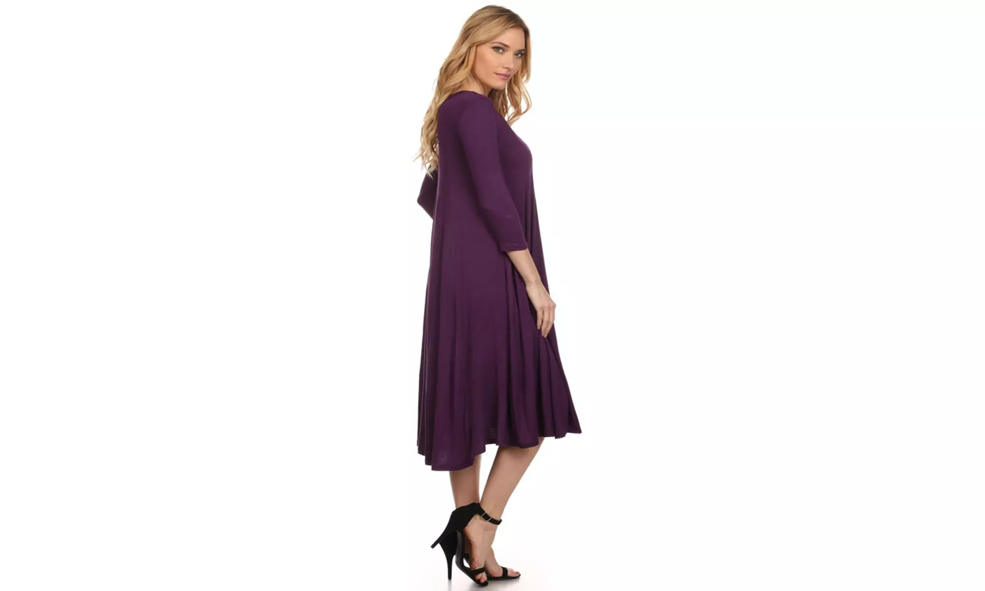 Women's Solid Casual Comfy 3/4 Sleeve Loose Fit A-line Midi Dress