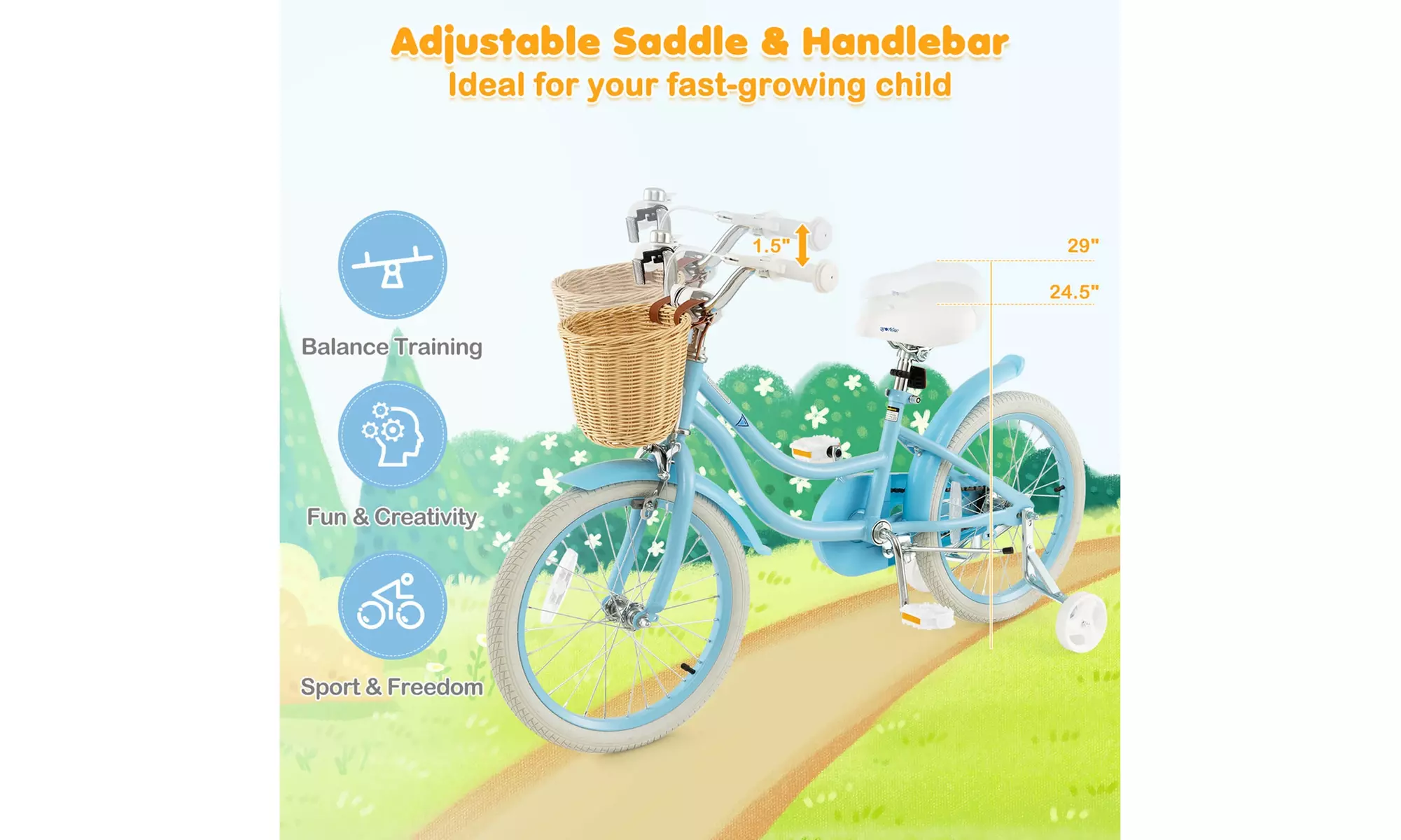 Prorider 18" Kid's Bike with Training Wheels Adjustable Handlebar Seat Handbrake