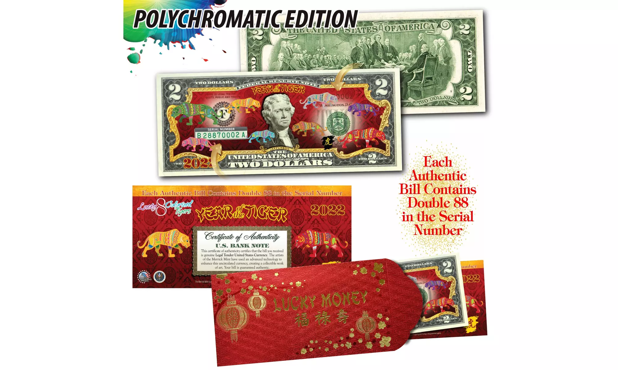 2022 Chinese New Year 8 Polychrome Tigers "88" 2 Dollar Bill w/Red Envelope