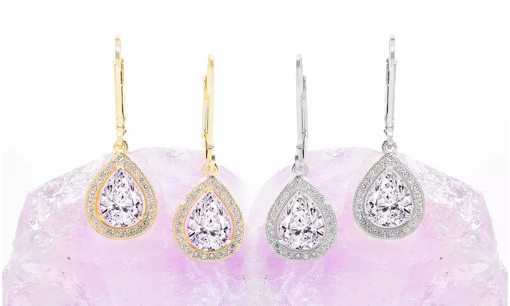 Cubic Zirconia StonesPear Halo Drop Earrings 