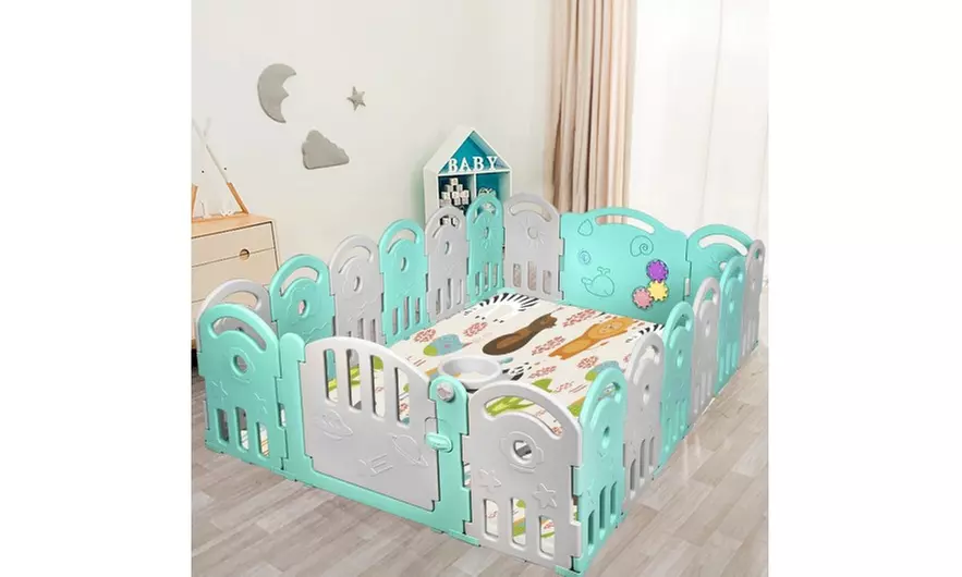 18-Panel Baby Playpen with Music Box & Basketball Hoop - Gray - Primary Image