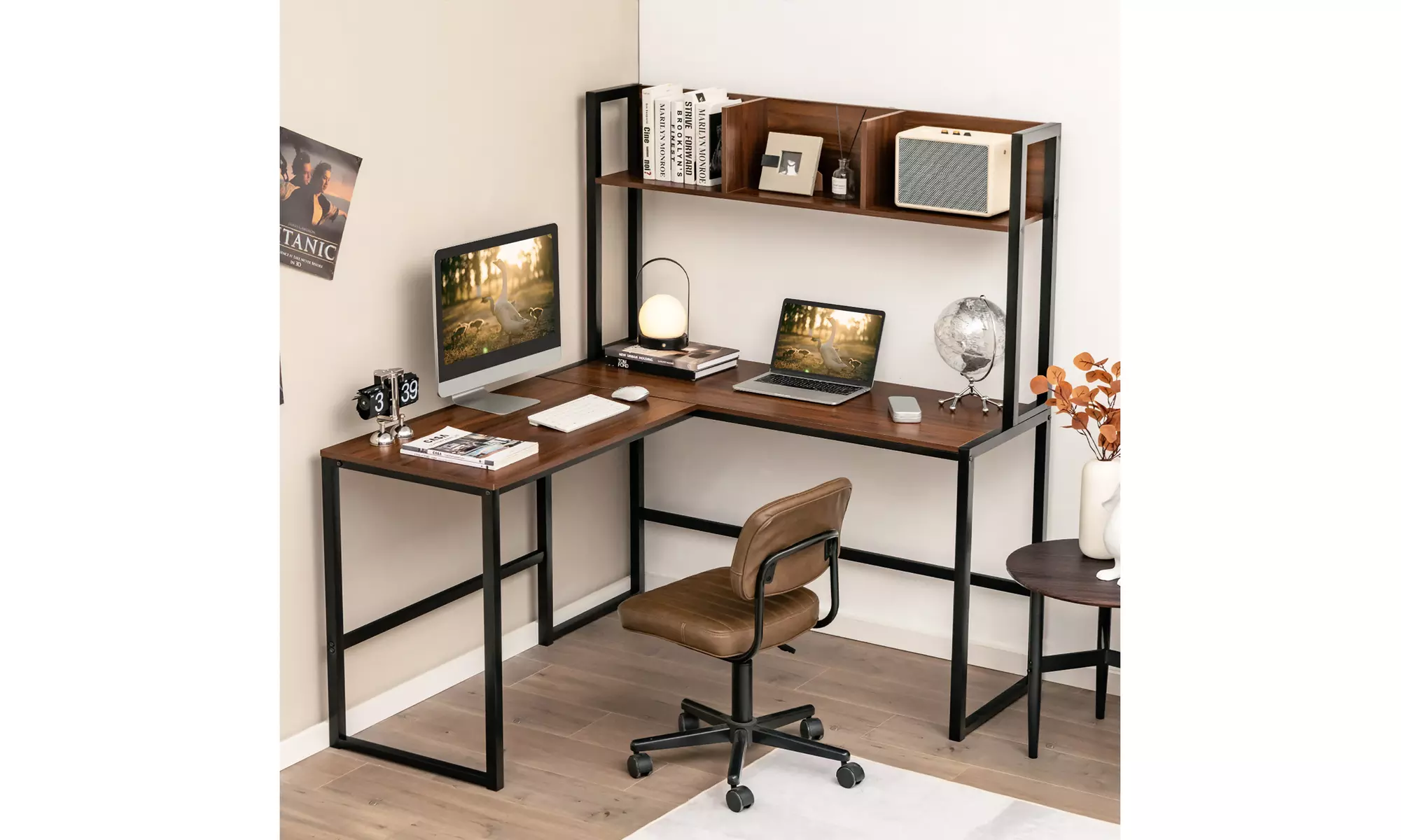 Costway 55''L-Shaped Desk Corner Computer Desk Writing Workstation Table w/Hutch