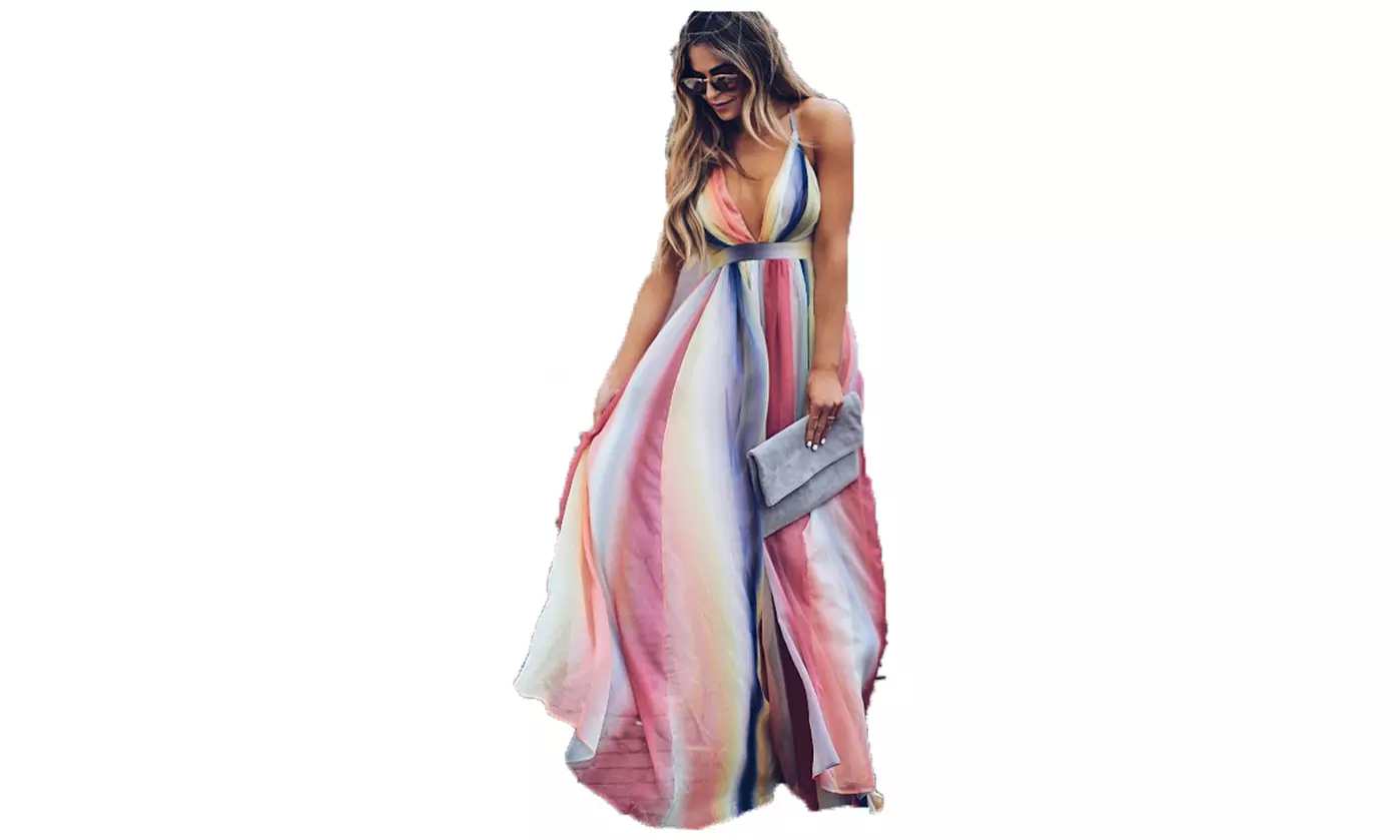 Women Bohimian Mix-color Stripe Maxi Dresses Beach Party Pregnant Casual Dress - Primary Image