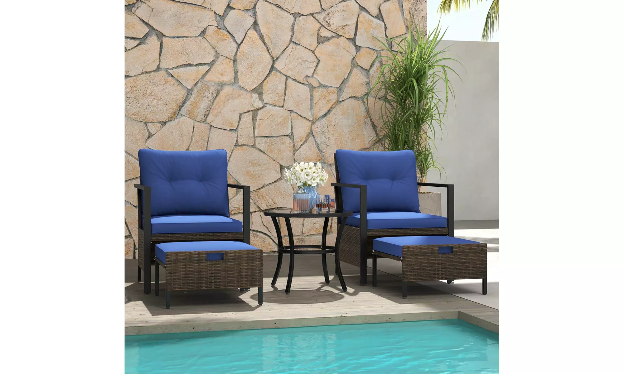 Costway 5 PCS Outdoor Furniture Set Rattan Chairs & Ottomans with Coffee Table
