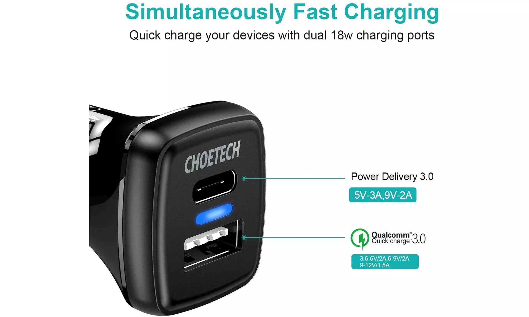 CHOETECH USB-C Car Charger Dual Port Fast 36W Type C and USB-A Car Adapter