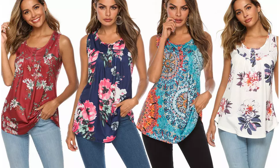 Women's T-Shirts Fashion Short Sleeve With Buttons Summer Print Tank  Tops - Primary Image