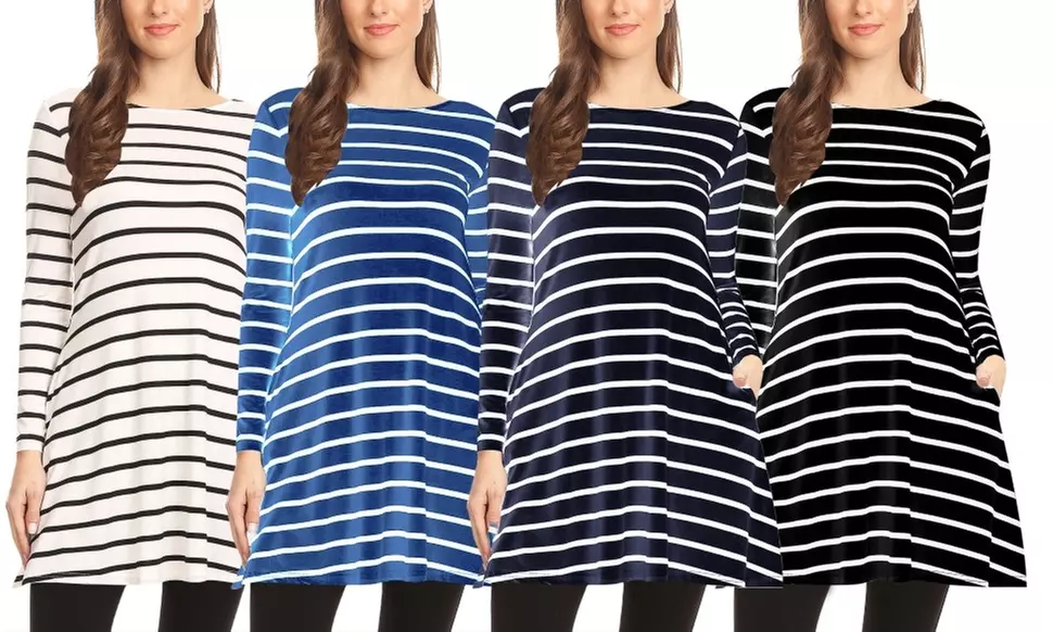 Striped A-Line Pockets Long Sleeves Relaxed Fit Dress Tee Top