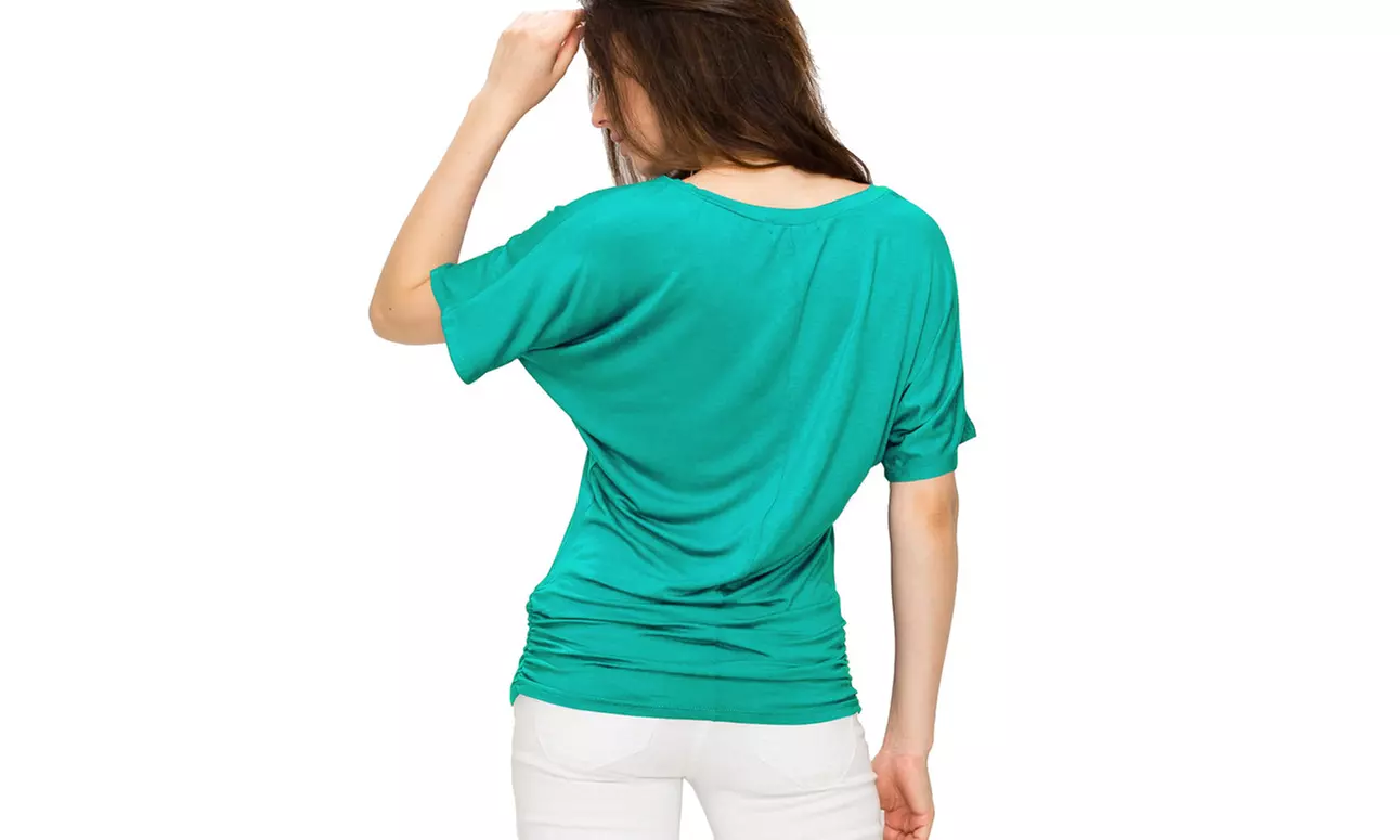 Made by Johnny Womens Solid Short Sleeve V-Neck Dolman Top with Side Shirring