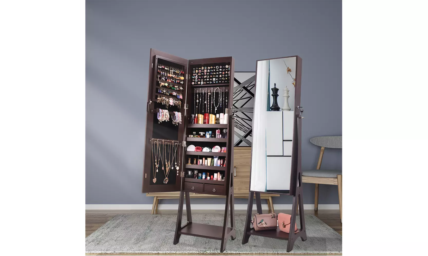 Full Mirror Makeup Mirror Cabinet 2 Drawers 5 Layers Storage Cabinet  - Primary Image