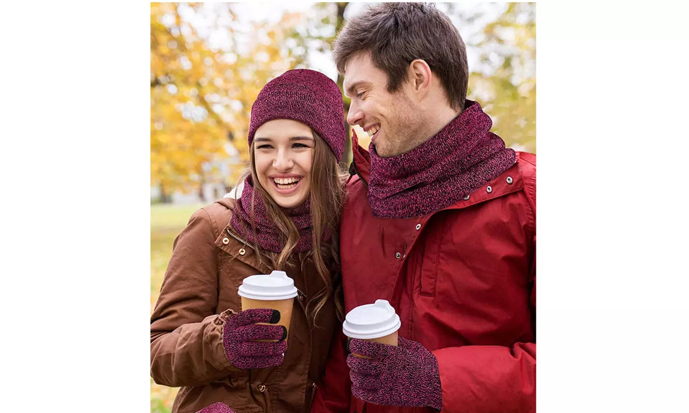 Winter Warm Knit Fleece Lined Beanie Hat Scarf Touchscreen Gloves Set