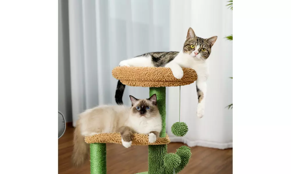 Cactus Cat Tree Tower with Warmy Condo Plush Perches for Small and Medium Cats - Second Medium