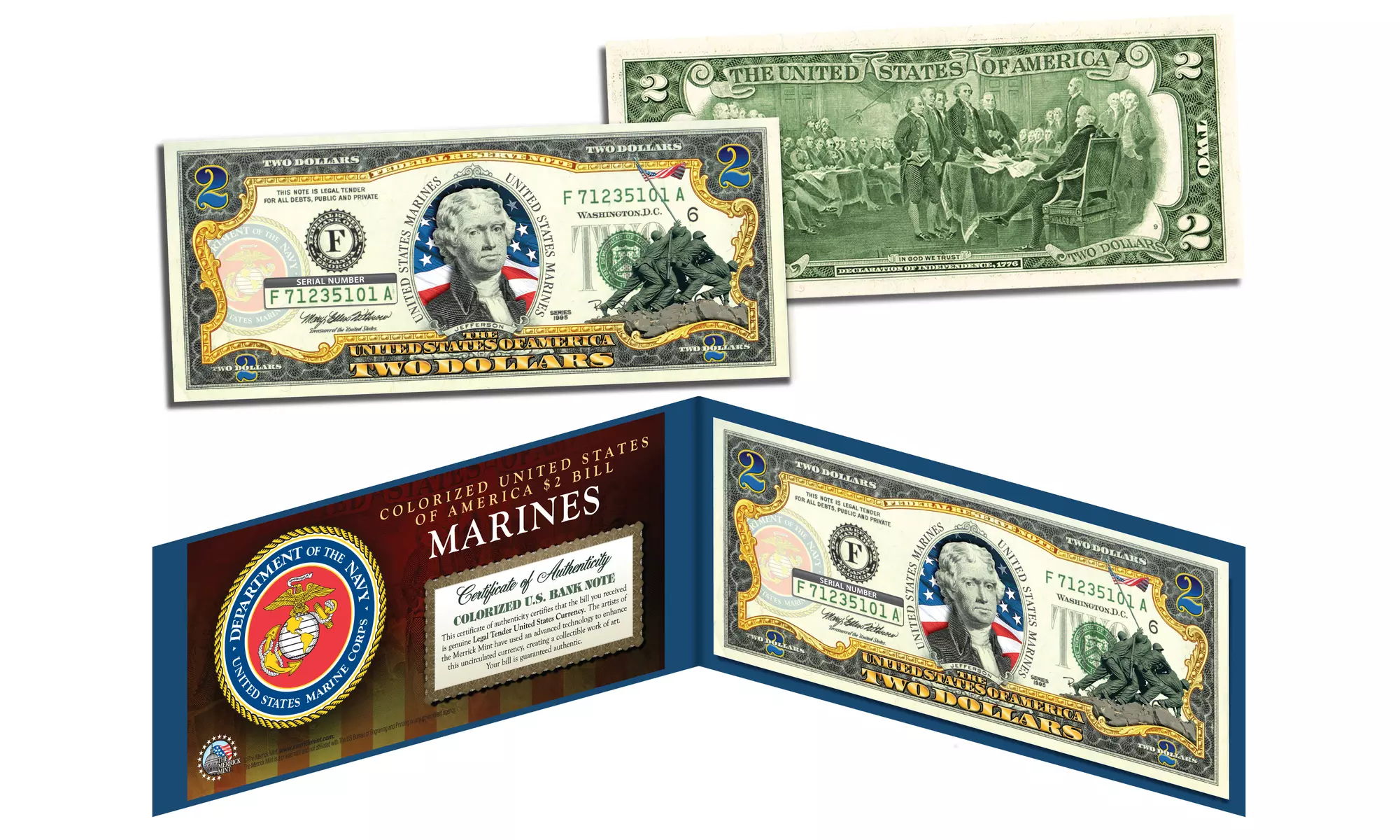 US MARINES WWII Vintage Genuine Legal Tender Colorized U.S. 2 Dollar Bill