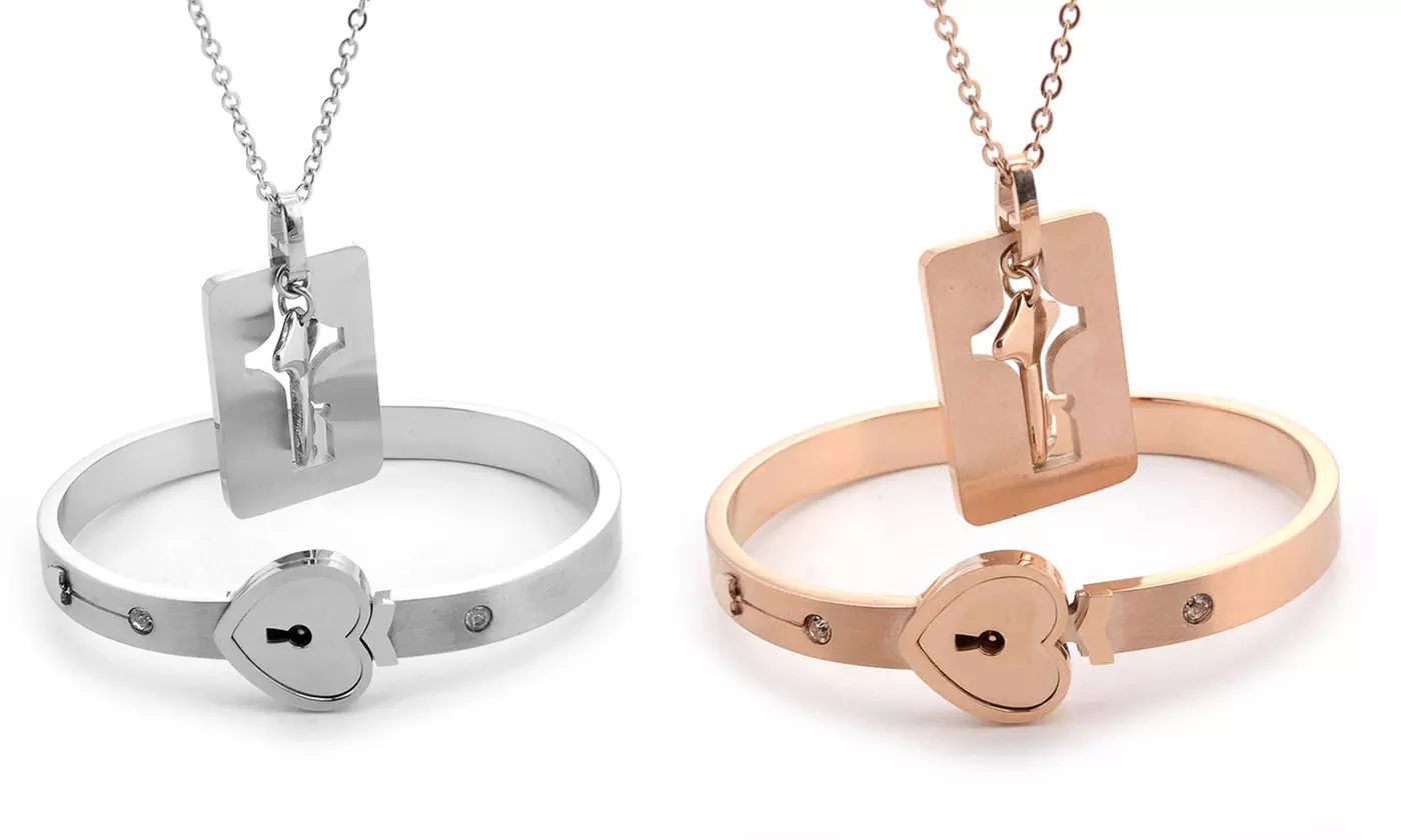 Love Heart Lock Bangle Bracelet and Key Pendant Necklace Set - Primary Image