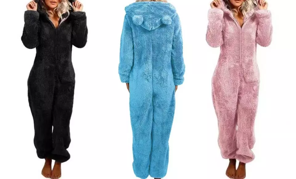 Leo Rosi Women's Fuzzy Plush Sherpa Lounge Onesie Jumpsuit PJs with Hood (S-XXL) - Primary Image