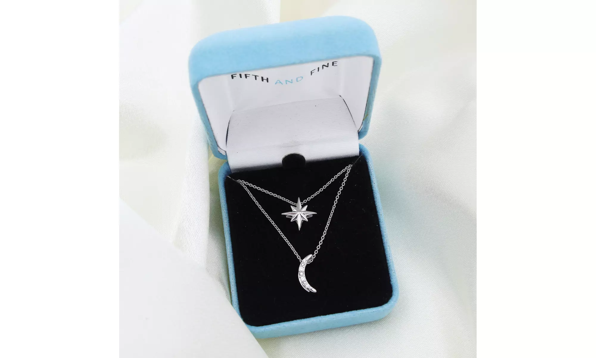 North Star & Moon Layered 1/10 Ct Natural Diamond Pendant Necklace 925 Silver