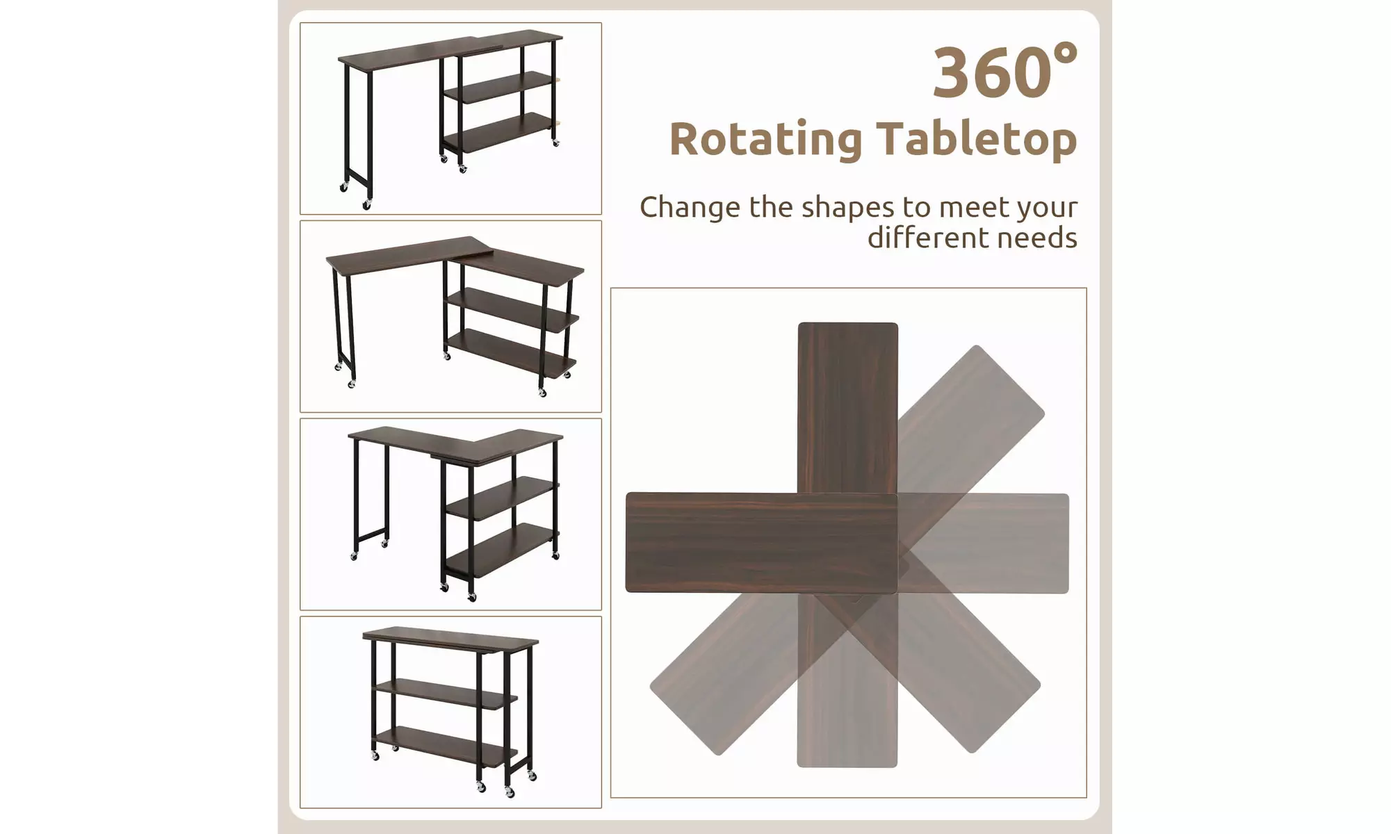 Costway 360-degree Rotating L-Shaped Sofa Side Table with Shelf