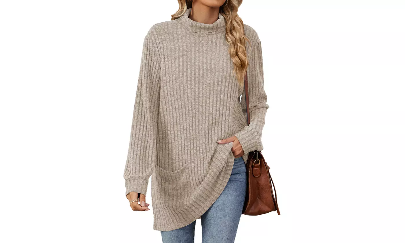 Womens Lightweight Turtleneck Long Sleeve Knit Tunic Top with Pockets