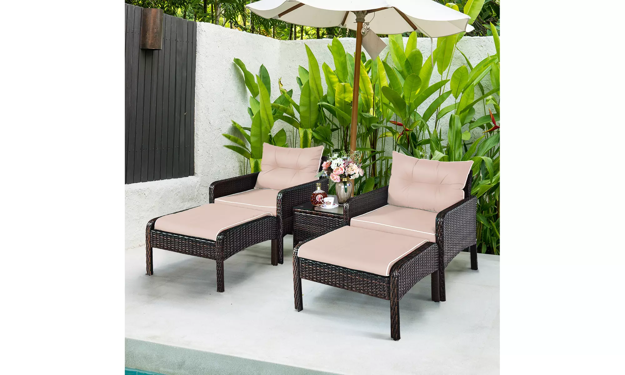 5 PCS Patio Rattan Wicker Furniture Set Sofa Ottoman Coffee Table Cushioned Yard
