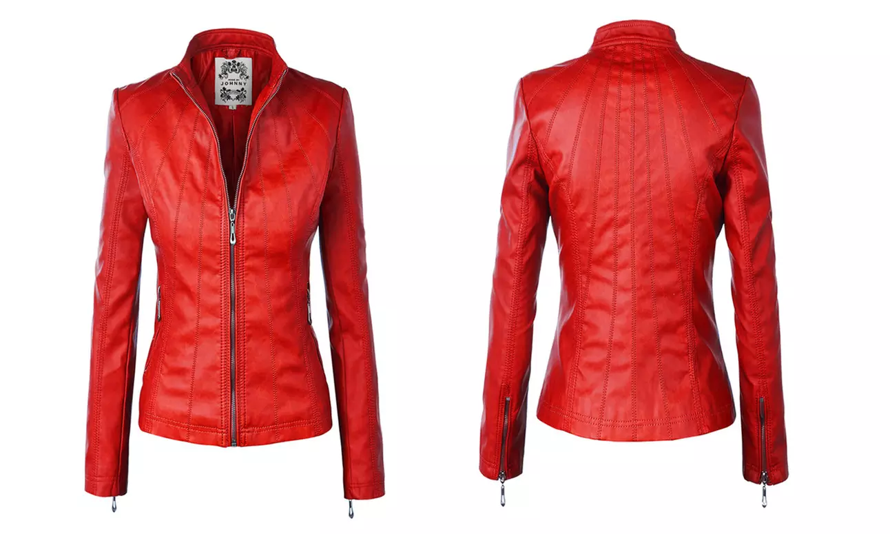 Made By Johnny Womens Faux Leather Zip Up Moto Biker Jacket