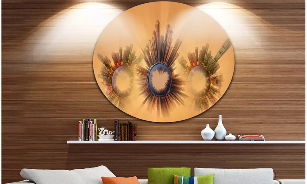 Miniature Earth Planets with Skyscrapers' Ultra GlossyAbstract Circle Wall Art - Primary Image