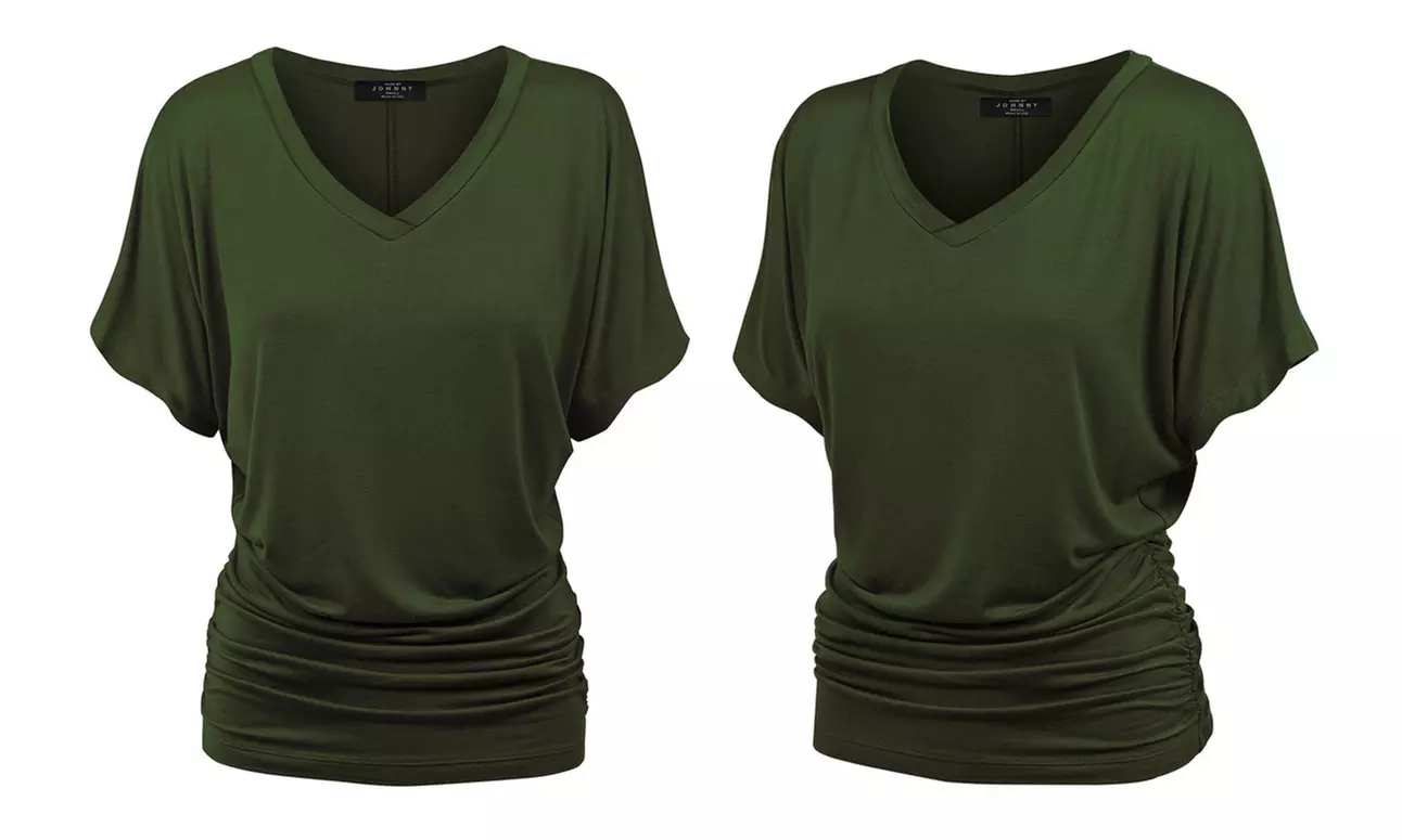 Made by Johnny Womens Solid Short Sleeve V-Neck Dolman Top with Side Shirring