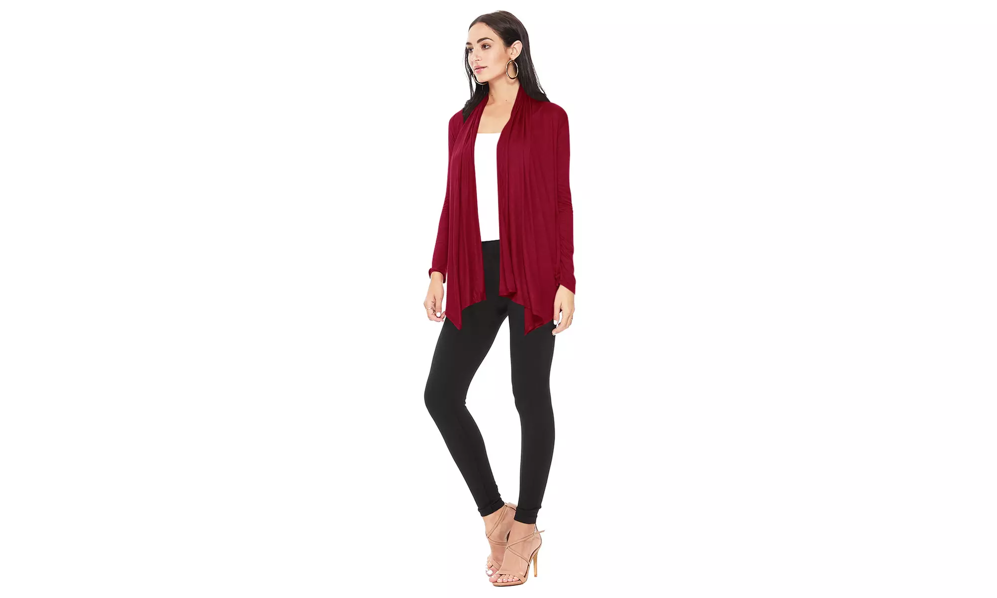 Long Sleeve Relaxed Loose Fit Draped Neck Open Front Waist Length Solid Cardigan