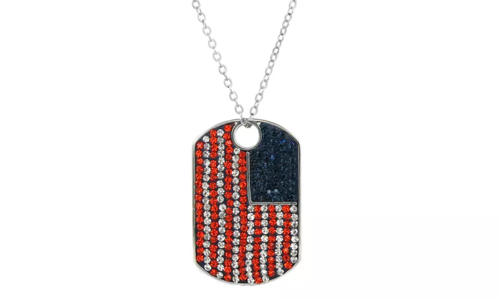 American Flag Dog Tag Necklace Made With Swarovski Crystals - Second Medium
