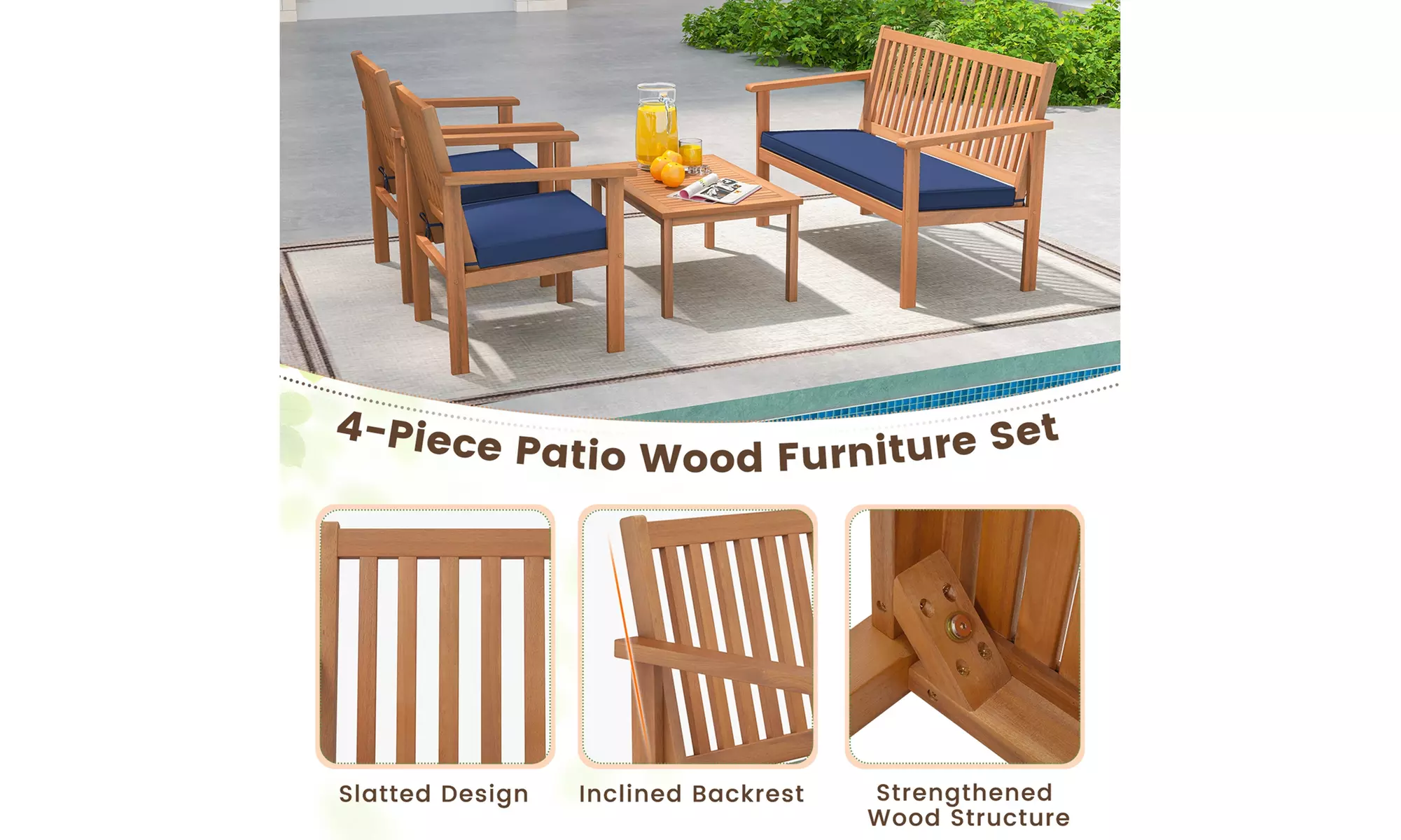 Costway 4 PCS Patio Wood Furniture Set with Loveseat, 2 Chairs & Coffee Table