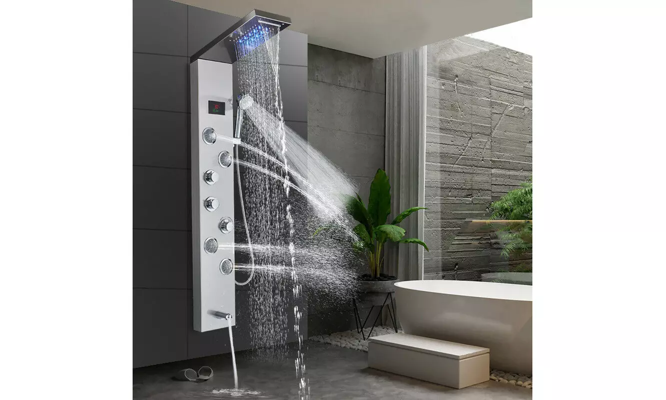 Lux Silver LED Rainfall Shower Panel Tower Faucet Massage Body Jet System - Primary Image