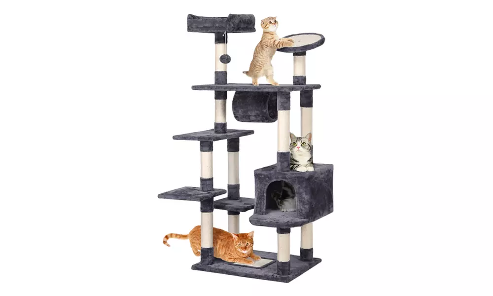 62'' Large Cat Tree Tower w/Condo Scratching Post Pad & Tunnel Gray - Primary Image