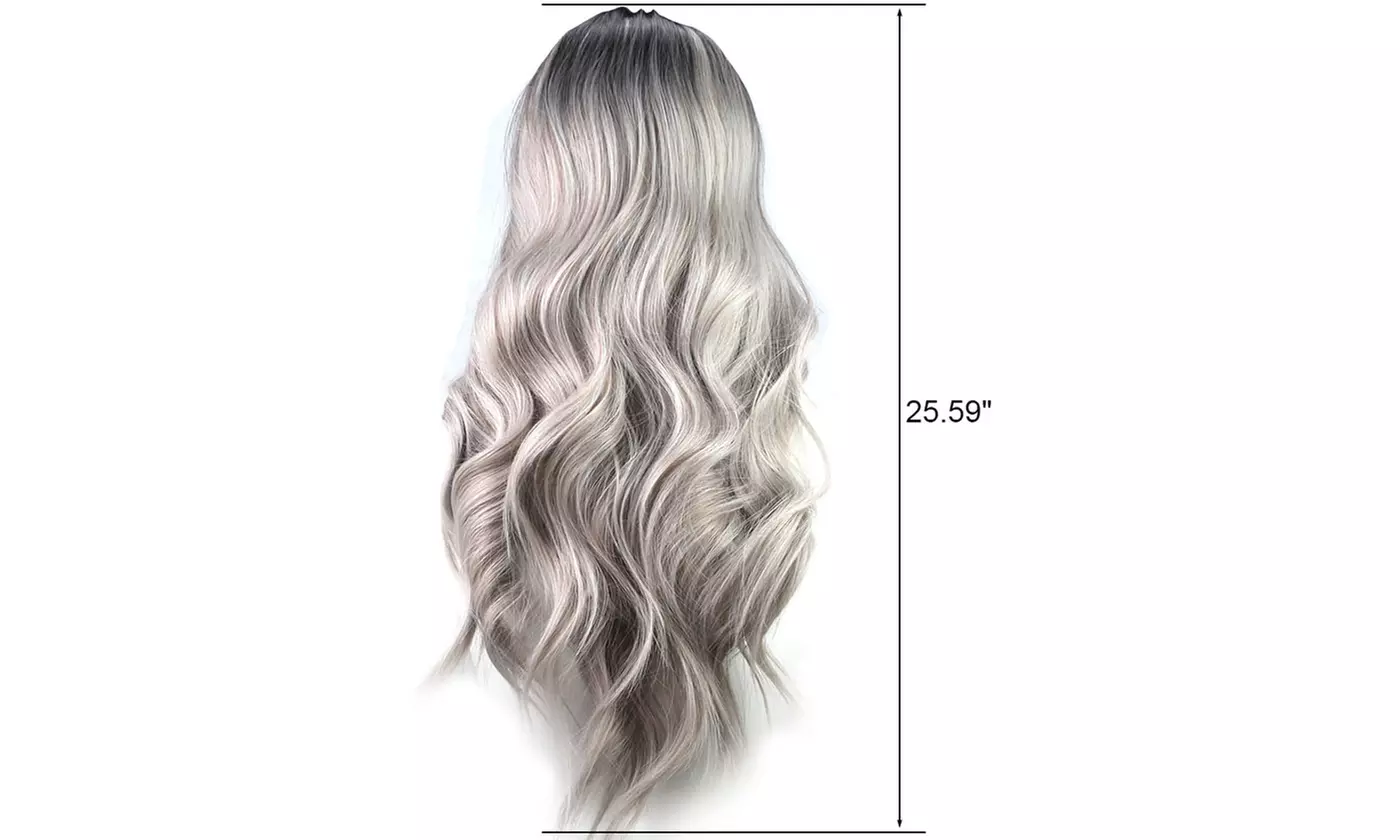 Silver Gray Two Tones Synthetic Long Nature Wave Heat Resistant Wig Hair