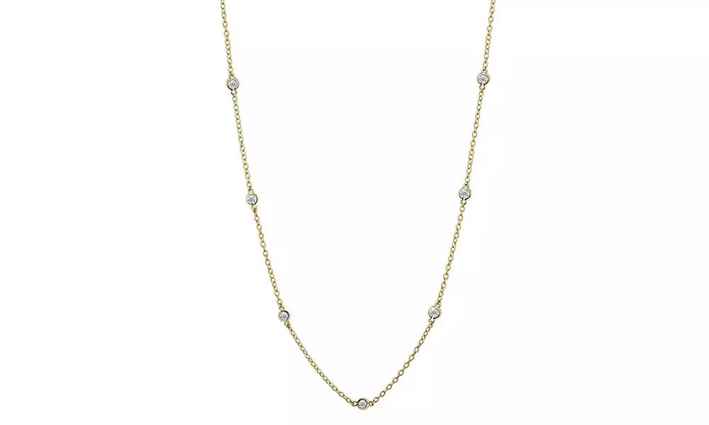 Yellow Gold Flashed Sterling Silver CZ Station Chain Dainty Necklace, 18 Inches