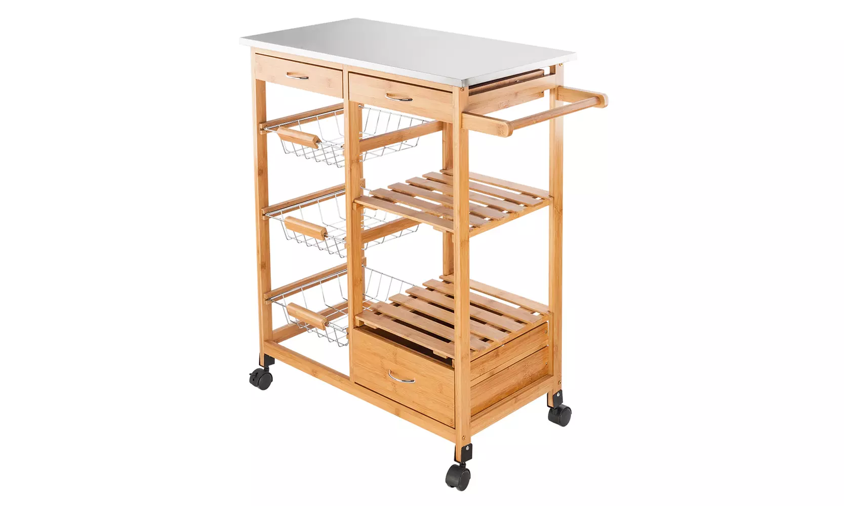 Wood Kitchen Trolley Cart Stainless Steel Top Rolling Storage Cabinet Island