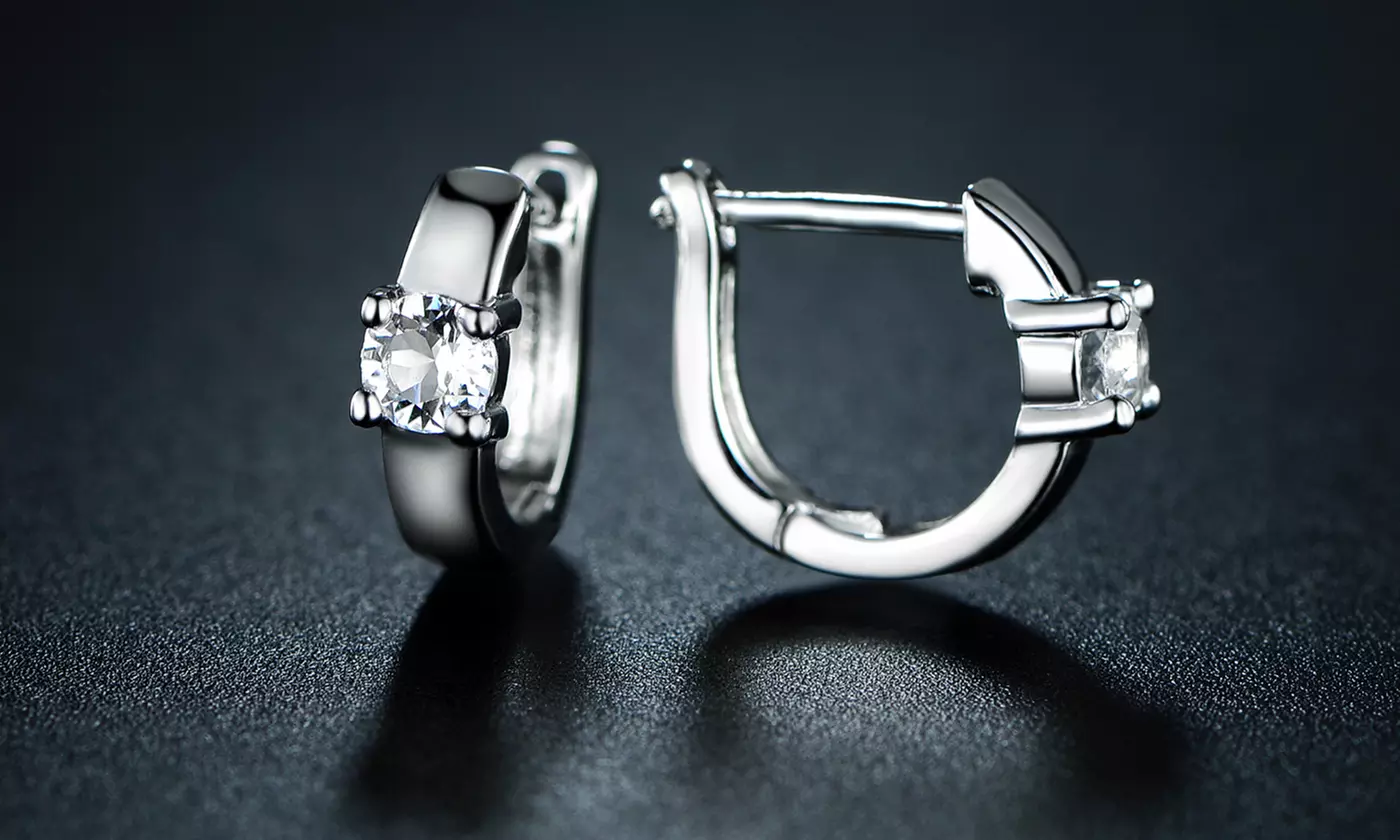 14k White Gold Plated Huggie Earring Made With Crystals From Swarovski