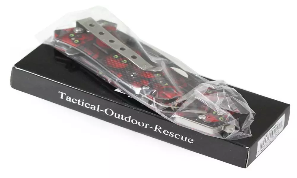 Snake Eye Rescue Style Spring Assist Knife, Skulls, Red #SE-955RSC - Second Medium