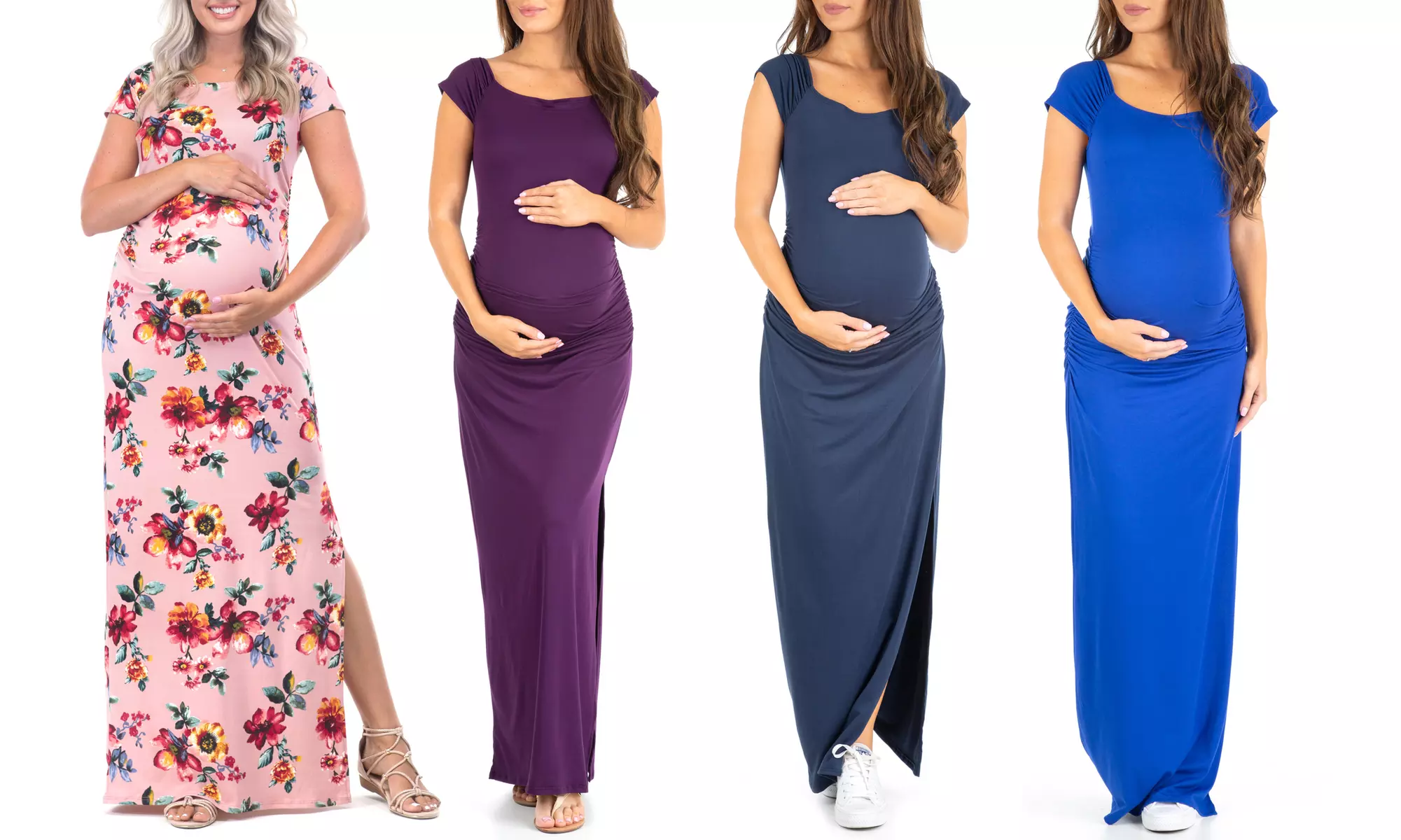 Women's Shortsleeve Ruched Bodycon Maternity Dress with Side Slits - Primary Image