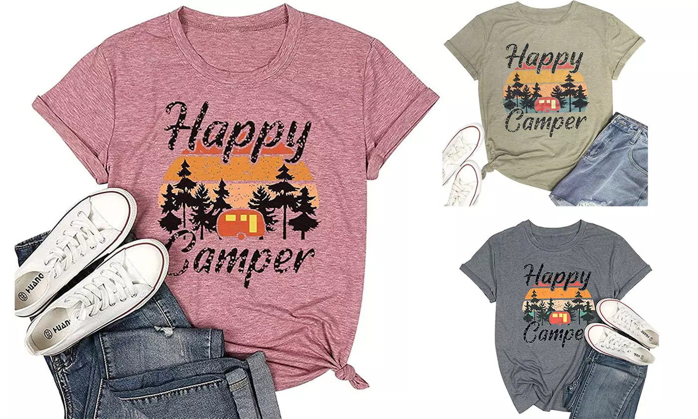 Women Happy Camper Letter Print T-Shirt Short Sleeve Casual Camping Tee Tops - Primary Image