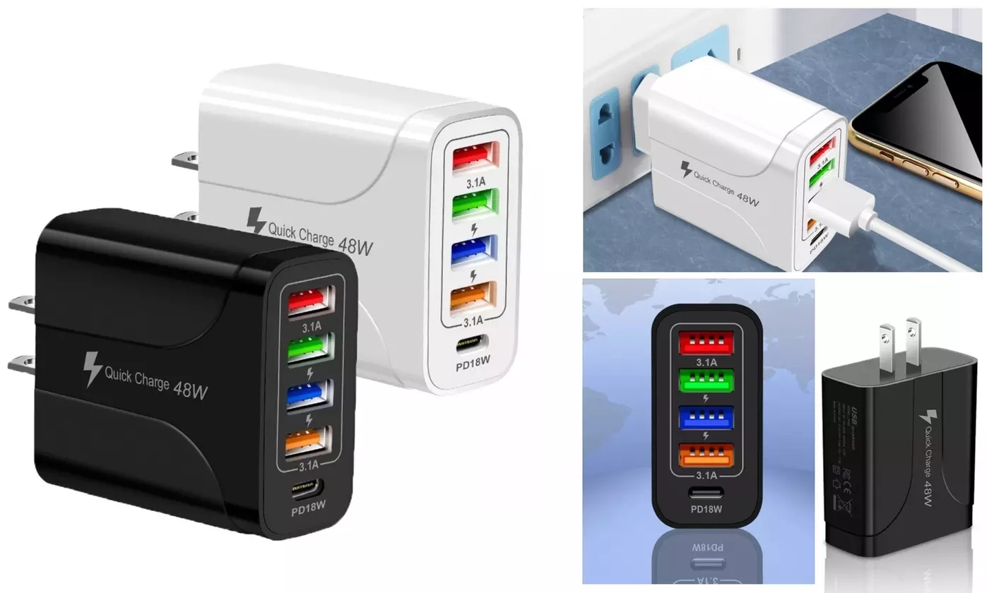 5-Port 48W Universal USB-C Fast Charging Travel Adapter Wall Charger - Primary Image