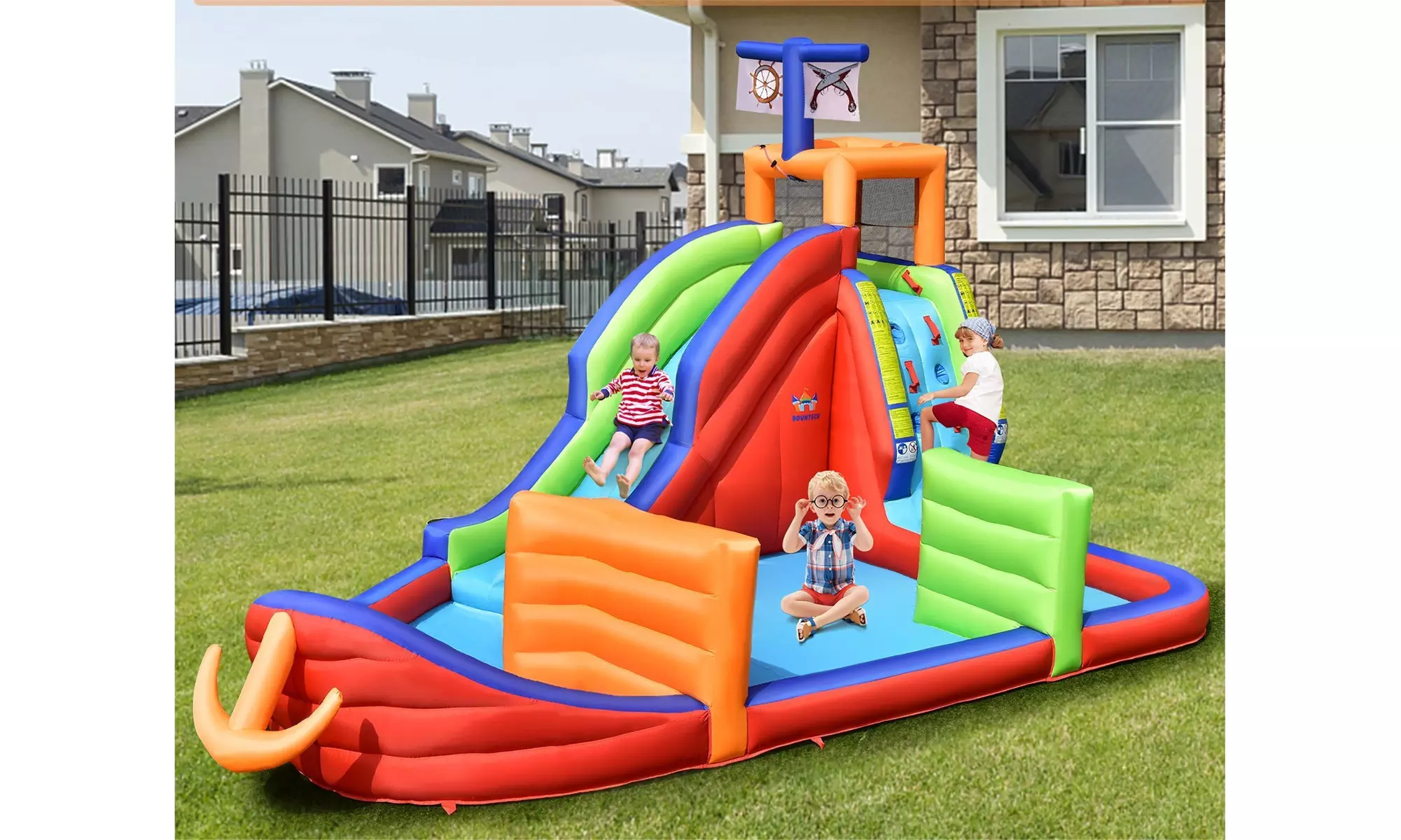 6-in-1 Pirate Ship Waterslide Kid Inflatable Castle Water Gun Blower Excluded - Primary Image