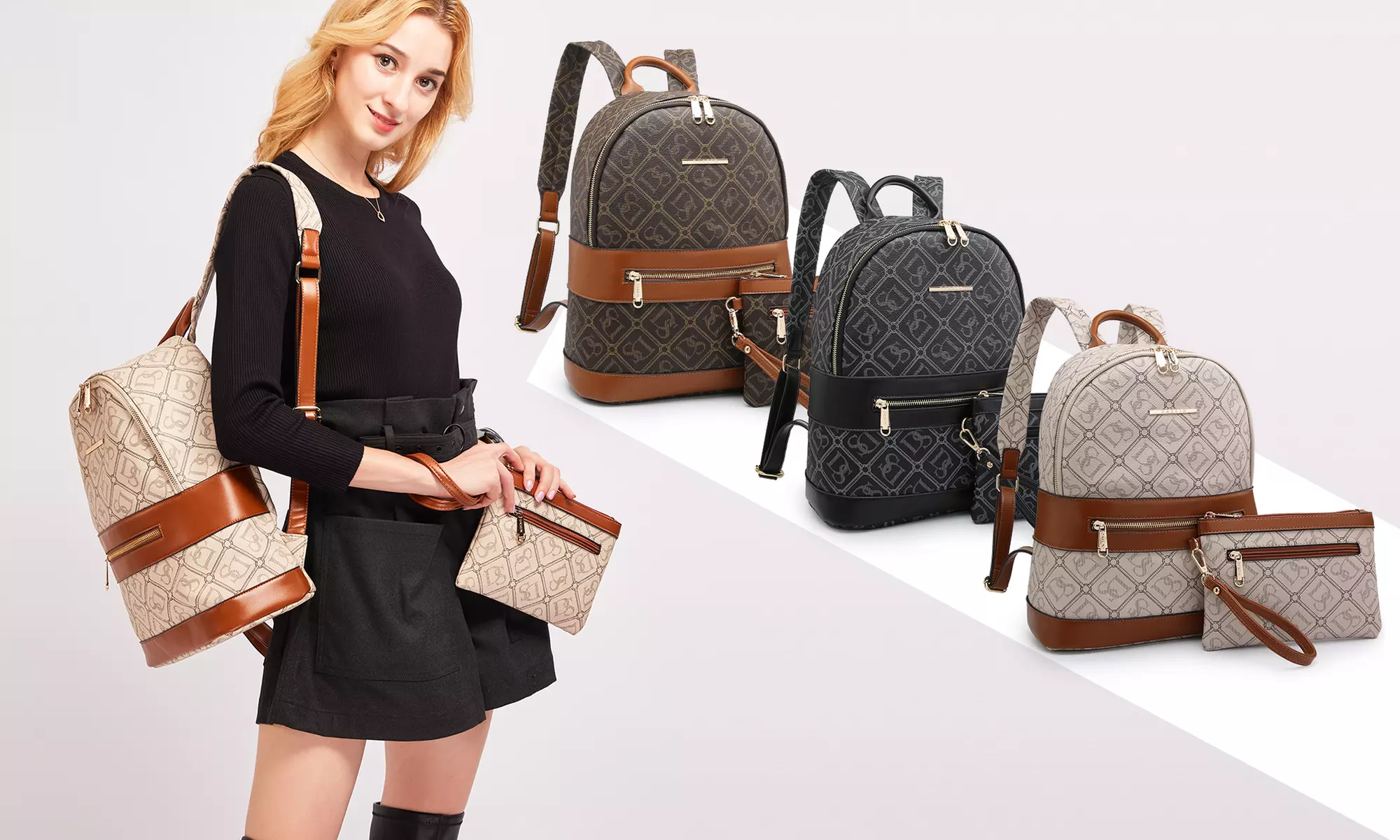 DS Collection Women Fashion Monogram Backpack School Bag w/Wallet - Primary Image