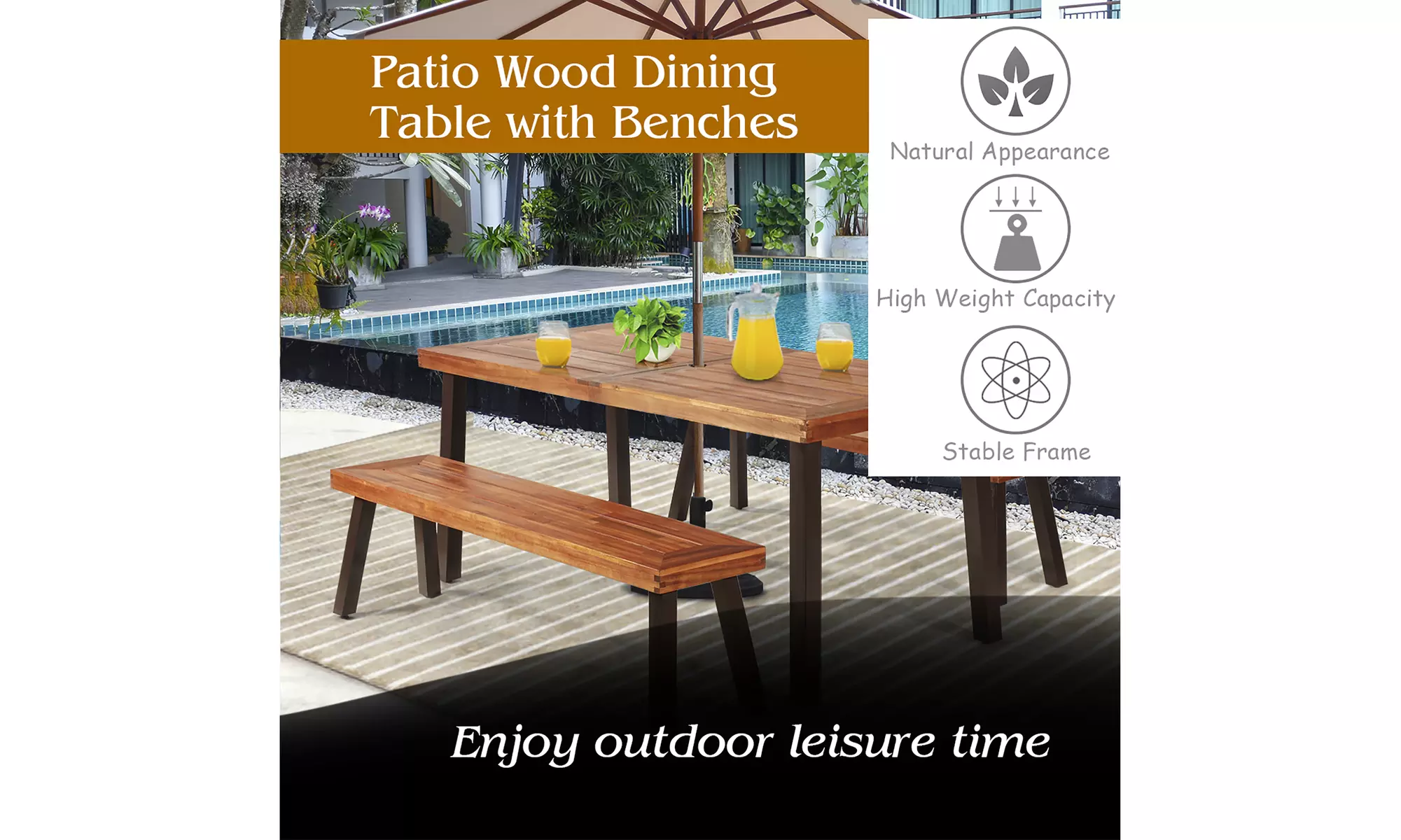 3 Pieces Picnic Table Set Acacia Wood Table Bench with Steel Legs Outdoor Patio - Second Medium